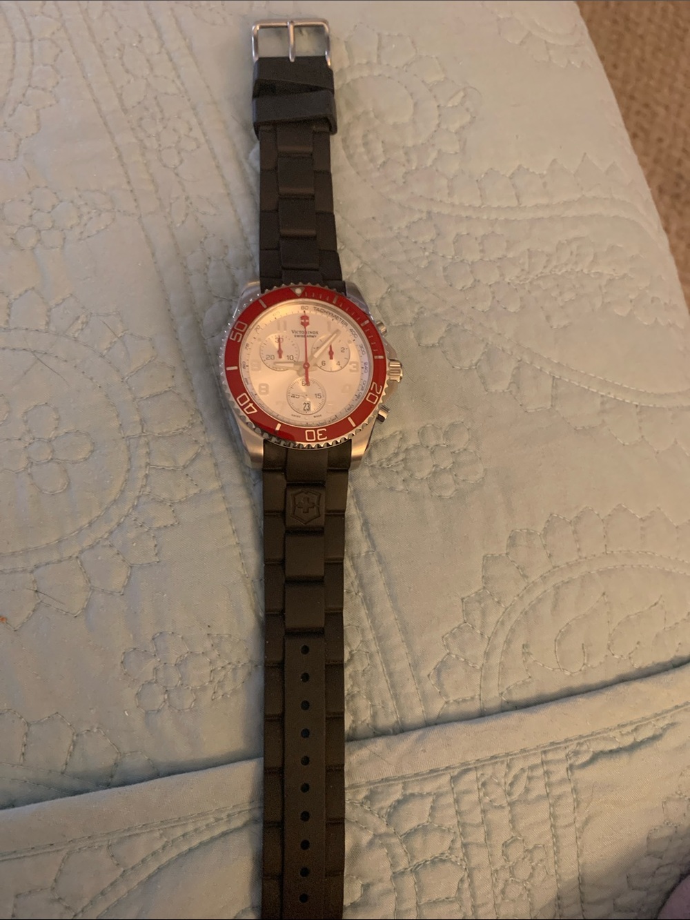 Victorinox Black Silicone Watch with Red Bezel and White Dial